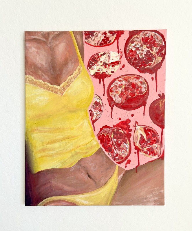 feminine pomegranate yellow and pink painting on canvas