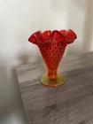 Vintage Fenton Amberina Orange Red Small Glass Vase Hobnail Ruffled