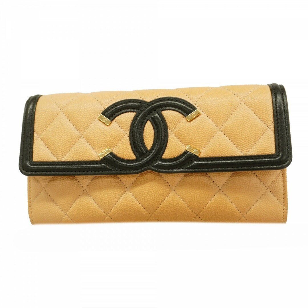 Chanel Filigree Caviar Long Wallet in Beige Black Champagne Gold