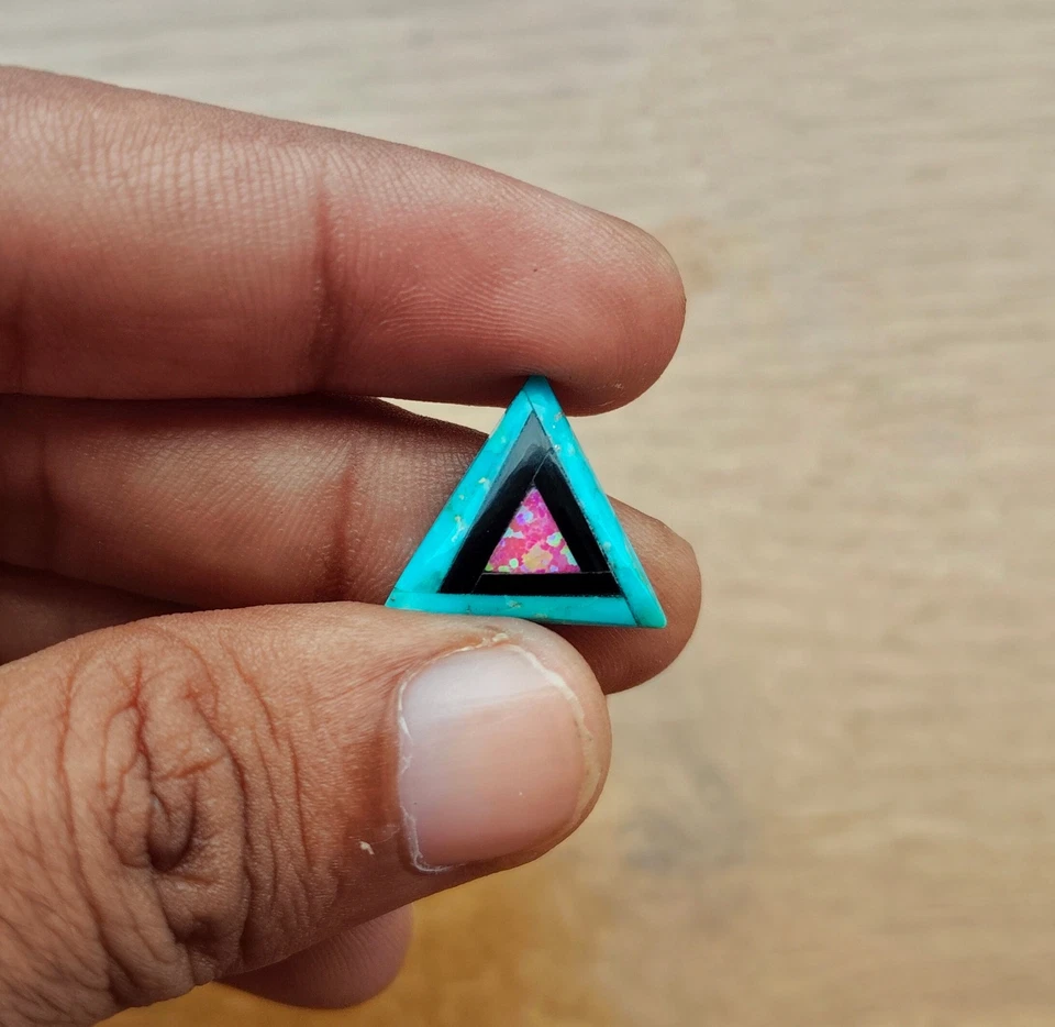 13mm Triangle Inlay Gemstone | Arizona Turquoise, Black Onyx & Ethiopian Opal - Image 2 of 4