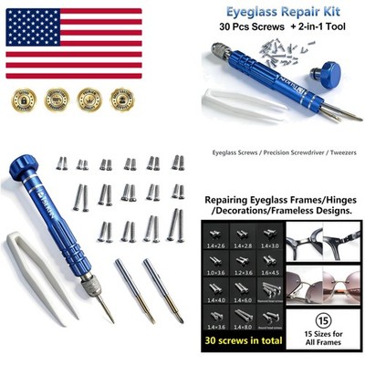 Professional Eyewear Repair Tool Set: 30 Screws & Precision Screwdriver in Blue