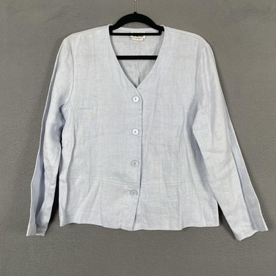 CLIO Button-Up Womens MED Blue Linen V-Neck Long Sleeve Lightweight Breathable