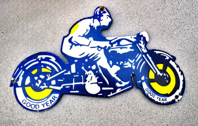 LARGE VINTAGE GOODYEAR PORCELAIN SIGN OLD MOTORCYCLE TIRE GASOLINE STORE 20''