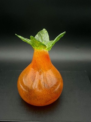 Ann Wright Signed Studio Art Glass Fruit Vase Orange with Green Leaves 8 tall
