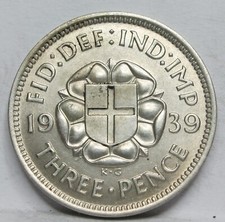 GREAT BRITAIN UK England 3 Pence Threepence 3d 1939 UNC Silver George VI #F17