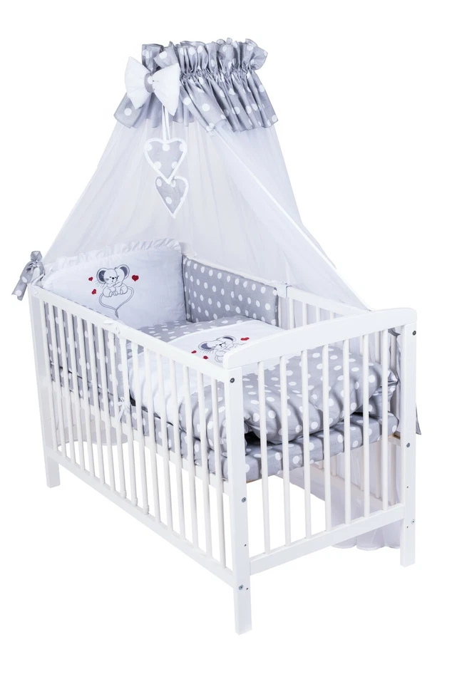 Babybett J mit 10tlg Komplett-Set Bettwäsche Matratze Nestchen Maus grau Neu