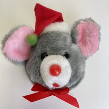 Vtg Christmas Door Knob Cover Mouse Gray Santa Hat Holiday Home Decor Plush