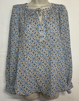 NWT LOFT Small Cotton Blouse Blue Metallic Long Sleeve Tie Neck Top