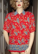 Vtg 80s Red Blue Paisley Tunic Top Blouse Shirt Border Print Button Front Sz XL