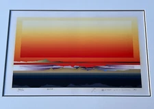 Tetsuro Sawada "Shine" Red Abstract Serigraph on Paper. Numbered, Signed. 1987