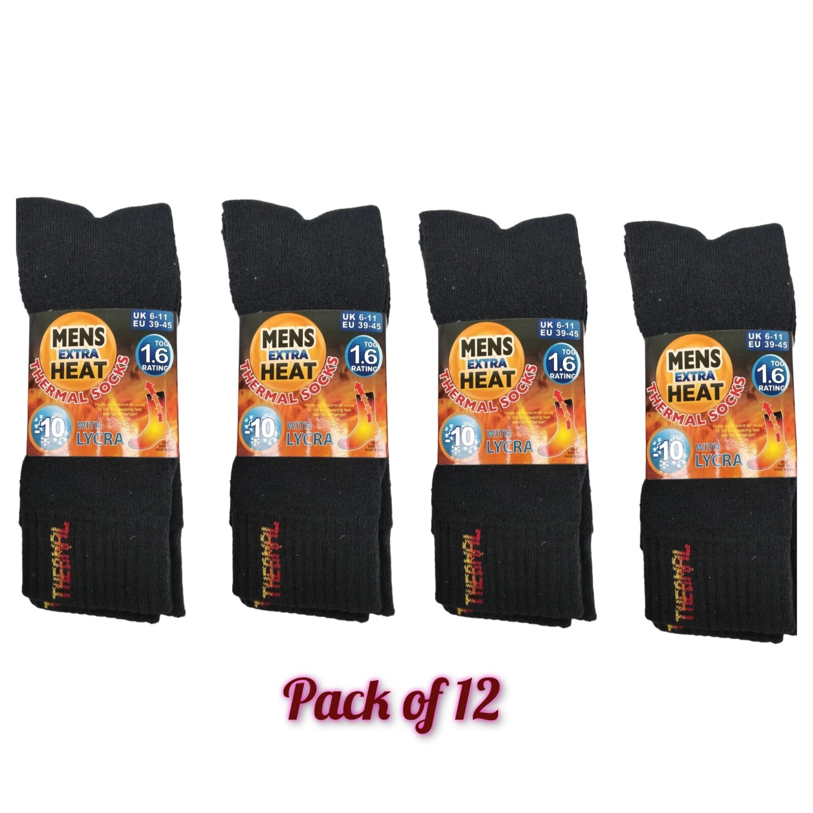 12 Pairs Men's Black Thermal Socks, Warm Work Boot Socks 1.6 Tog Heat Size 6-11