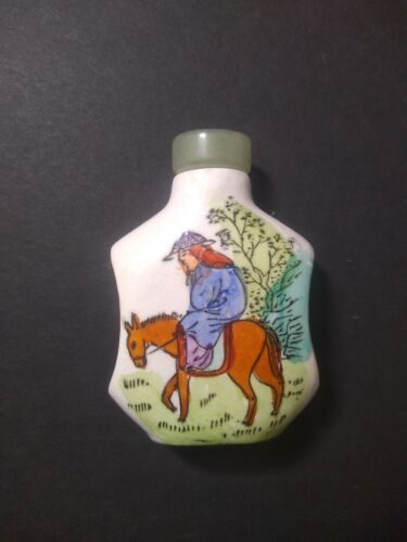 Chińska ręcznie malowana butelka tabaki mężczyzna jazda na osiołku koń - Zdjęcie 1 z 7