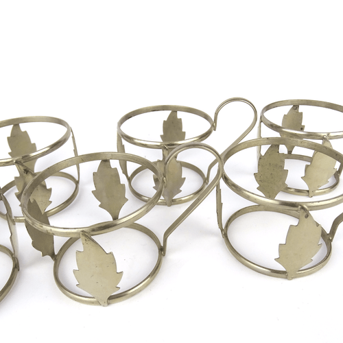 6x Tee Glashalter mit Jenaer Glass, Blatt-Dekor Metall vernickelt, Jugendstil - Bild 9 von 12