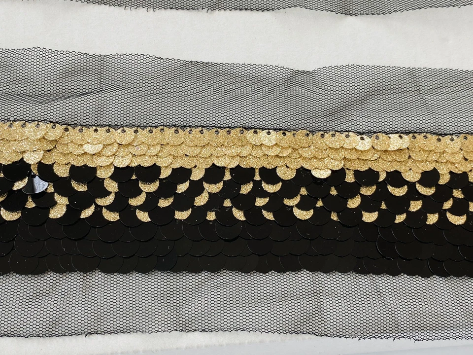 2 Yds Gold & Black Sequined Mesh Border Trim/Sewing/Craft/Dance-wear/3.25" Wide - Image 2 of 4