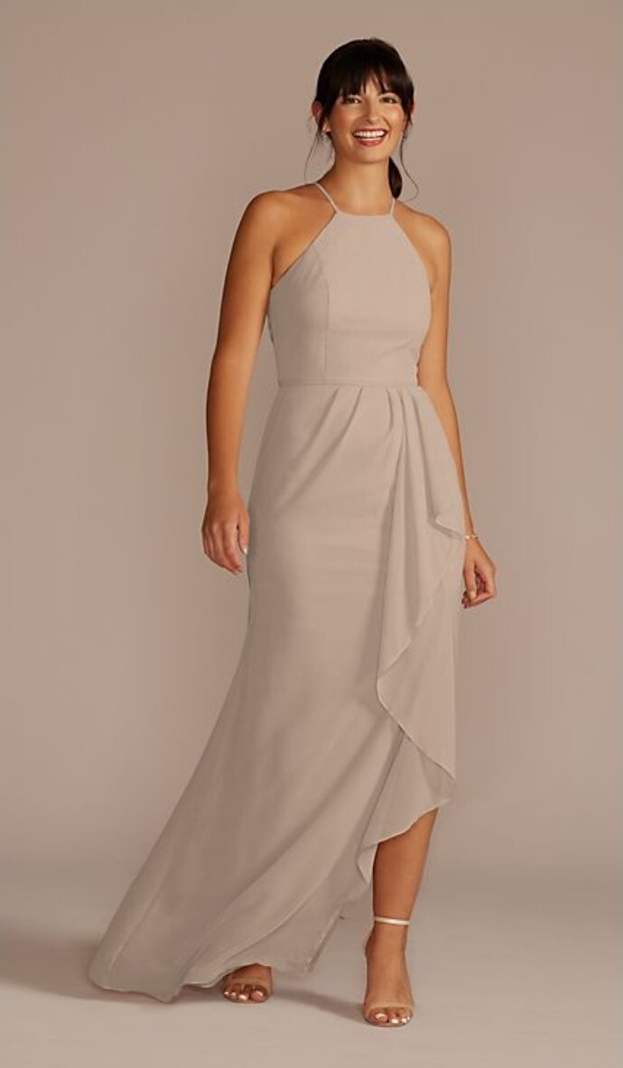 high-neck bridesmaid dress with cascade twist Davids Bridal High Neck Chiffon Dusty Pink 12 Damson Madder Penelope Navy leopard print dress Size:Extra Small Child Casual dresses A rippling