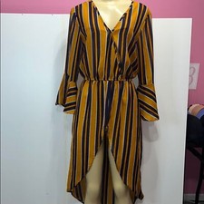 Yellow and Black High-Low Wrap Dress with Bell Sleeves ZS S