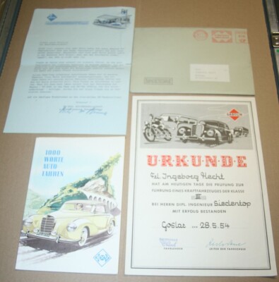 Urkunde zum Führerschein, Anschreiben der BV-Aral und farbiges Heft von 1954