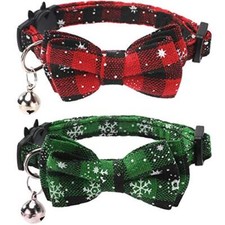 Christmas Plaid Cat Breakaway Adjustable Collar with Bell Bowtie Bow Tie 2 Pack
