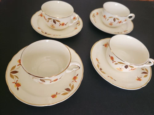 Set of 4 Vintage Hall Jewel Tea Autumn Leaf Cups & Saucers Mary Dunbar