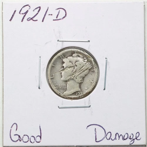 1921-D 10C Mercury Winged Liberty Silver Dime with Good Detail Damage #6234