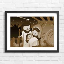 Cute Baby Jesus Family Nativity Scene Sepia Framed Wall Art Print Large Picture
