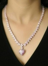 15CT Heart Lab Created Pink Sapphire Women Tennis Necklace 14K White Gold Finish