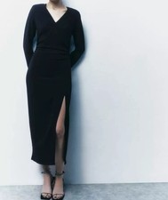 Zara Ruched Waist Midi Black Evening Dress Size M