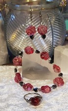 3 Piece Valentine's Day Jewelry Set Red Roses Hearts Bracelet, Earrings, Ring