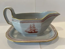 Spode Trade Winds Red Ship Gravy Boat or Sauce Bowl with Attached Underplate, 7"