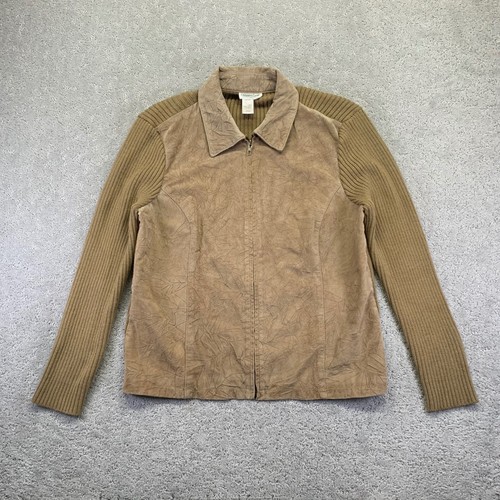 Vintage Coldwater Creek Leather Jacket Womens Large Tan Zip Up Wool Blend Sleeve - Picture 1 of 11
