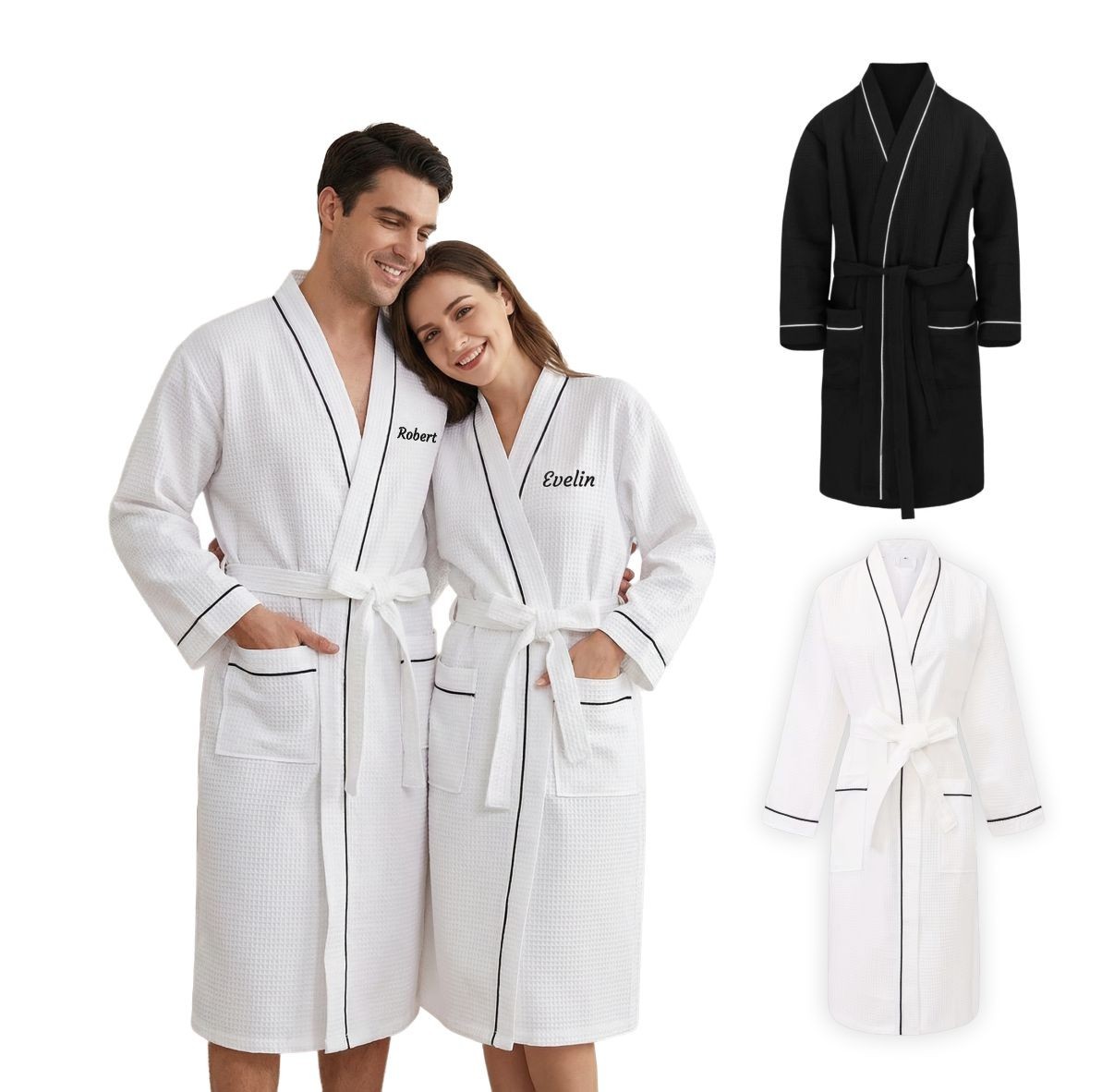 Waffel Bademantel 100% Baumwolle PERSONALISIERT mit Name Sauna Spa Morgenmantel 2