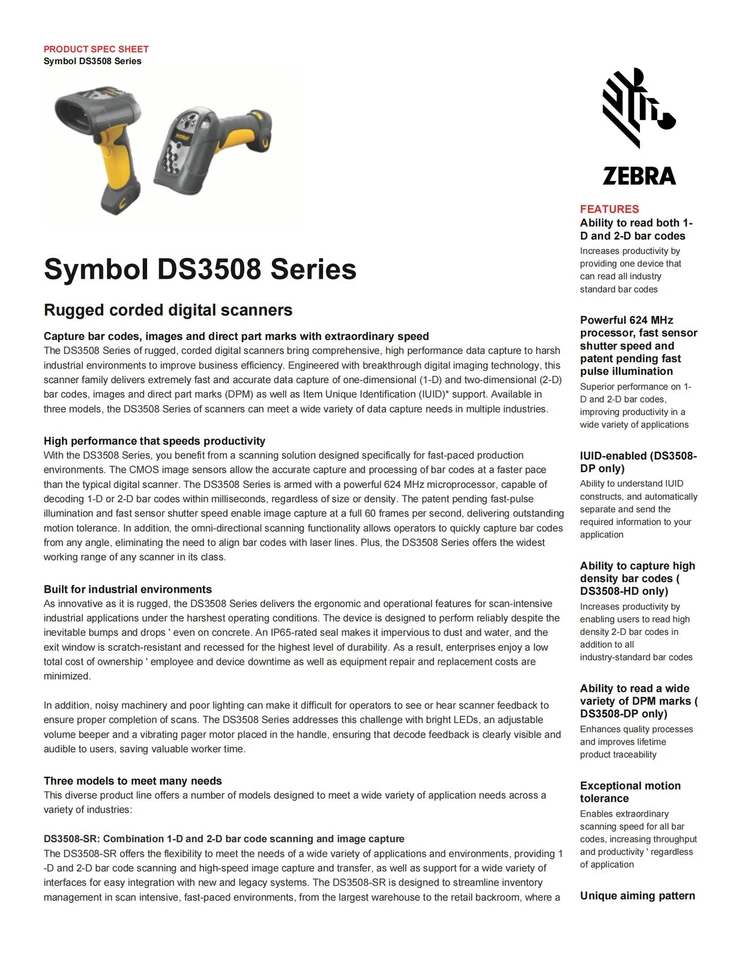 Zebra Motorola DS3508-SR20005R 1D/2D Barcode Scanner With USB Cable Black UK - Image 3 of 4