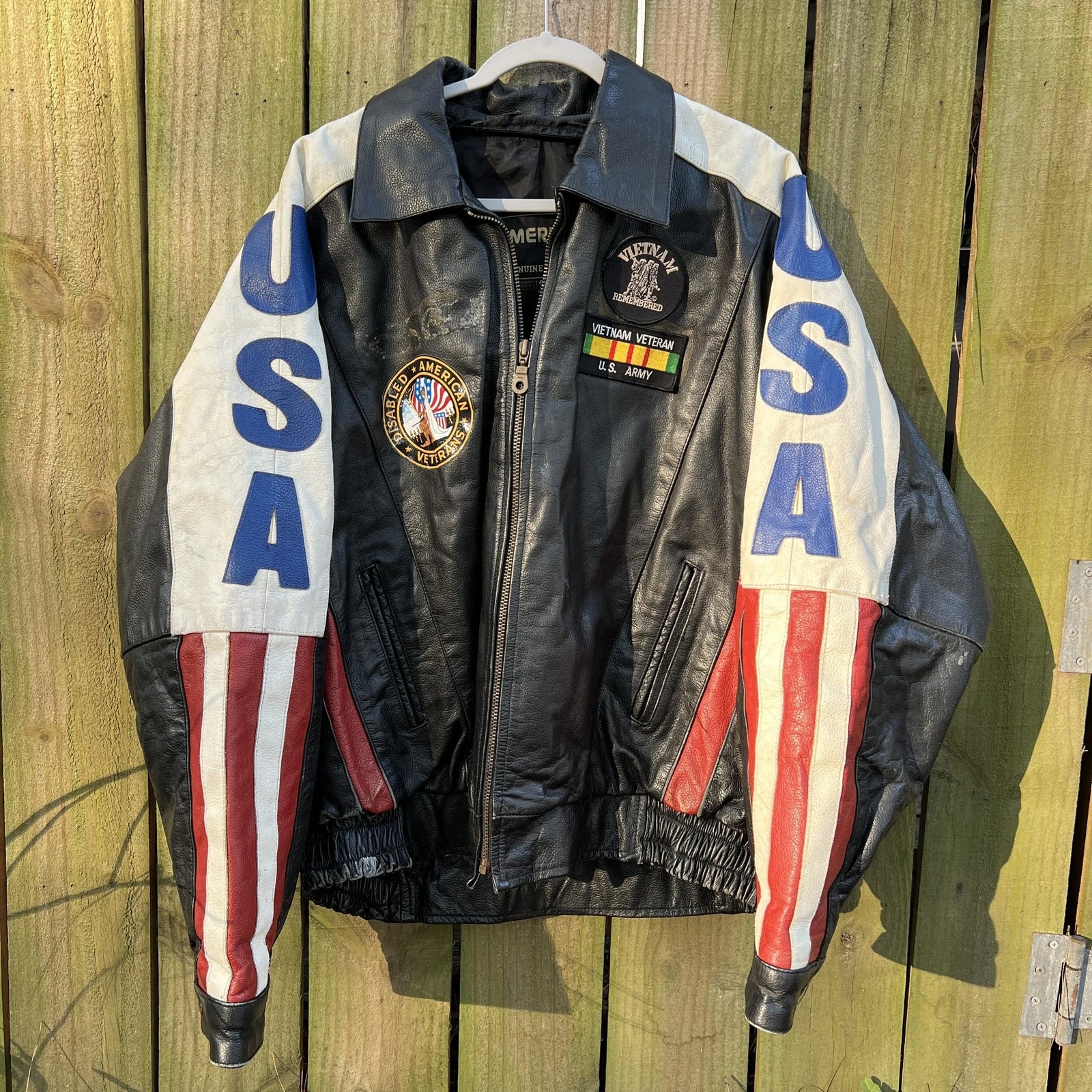 VTG Vietnam Veteran Leather Jacket Mens 4XL USA Flag MACV-SOG Patch American Top image 1