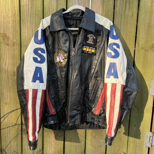 VTG Vietnam Veteran Leather Jacket Mens 4XL USA Flag MACV-SOG Patch American Top - product listing photo