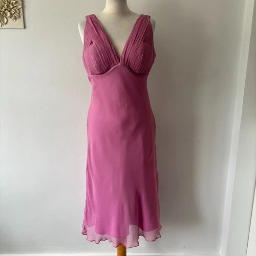 Gina Bacconi 100% Silk Midi Occasion Dess Size 16 Pink Pleated Padded Bust BNWT
