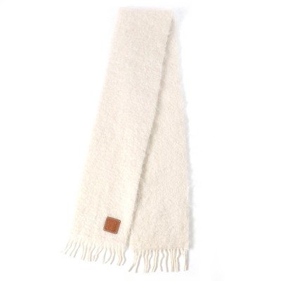 LOEWE Ladies Long Scarf Mohair Wool Anagram Leather Patch Fringe Ivory