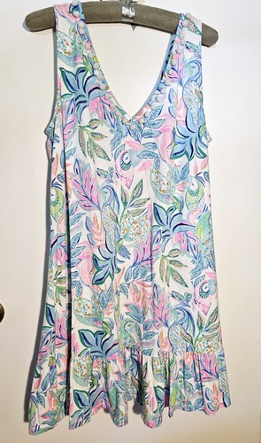 LILLY PULITZER XL Dress, Pom Poms Sleeveless, Parrots Tropical Pink Blue Ruffles