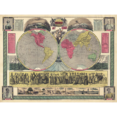 Karte Phelps 1852 World One View Statistisches Wandbild Leinwanddruck 18 x 24 Zoll