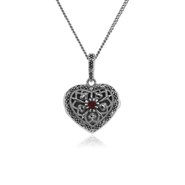 Jugendstil Stil Rund Granat & Markasit Herz Halskette In 925 Sterlingsilber-image