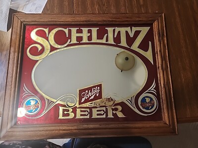 Vtg SCHLITZ BEER Mirror Bar Sign 1981 Red & Gold in Wood Frame 26