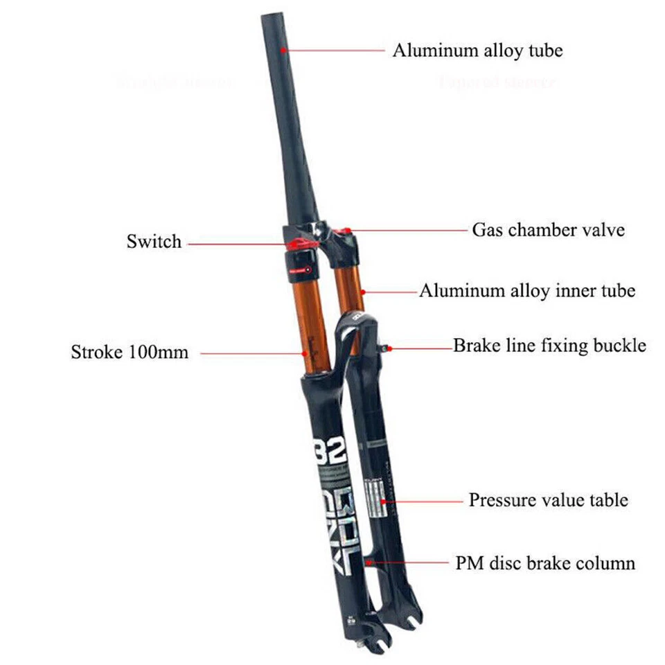1-1/8 Threadless Air Shock Suspension Fork MTB Mountain Bike 26" 27.5" 29" 100mm - Image 2 of 4