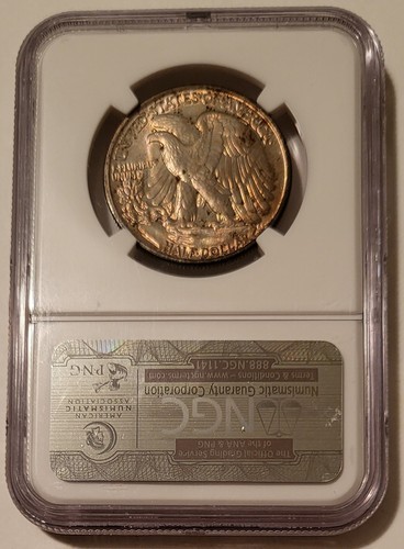 Mezzo dollaro 1942 Walking Liberty MS63 NGC rv toned - Foto 2 di 4
