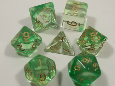 NEW RPG Dice Set of 7 - Mysty Clear Green(Gold Inking) D4 D6 D8 D10 D12 D20 D00