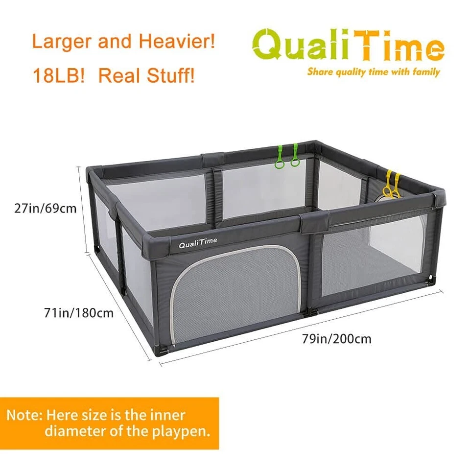 Kit de parque infantil gris QualiTime 71x79x27 pulgadas para bebés y niños pequeños Foto 2 de 4