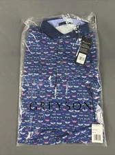 Greyson Golf Shirt Polo Shutterfly Print Medium Iona Blue Polyester MSRP $118