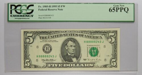 1995 $5 St. Louis PCGS 65PPQ Lucky 8's Fancy Serial Number 88888243