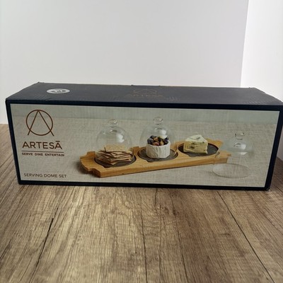 Artesa Wood Serving Dome Set Brown Wooden Tray Cover Entertaining Kitchen