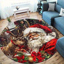 Velvet Christmas Reindeer Theme Round Mat, Non-Slip and, Machine Washable, Easy