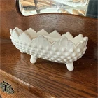Milk Antique Glass Hobnail Pattern White Oval Footed e Glossy Bowll