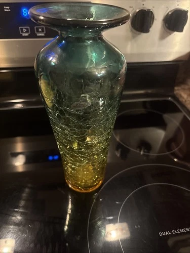 Vtg BLENKO #6323-M CRACKLE GLASS VASE - TURQUOISE TO JONQUIL 10" - W/ Label